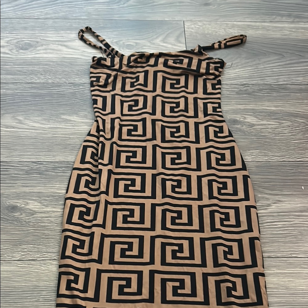 Geometric Patterned Black and Tan Dress